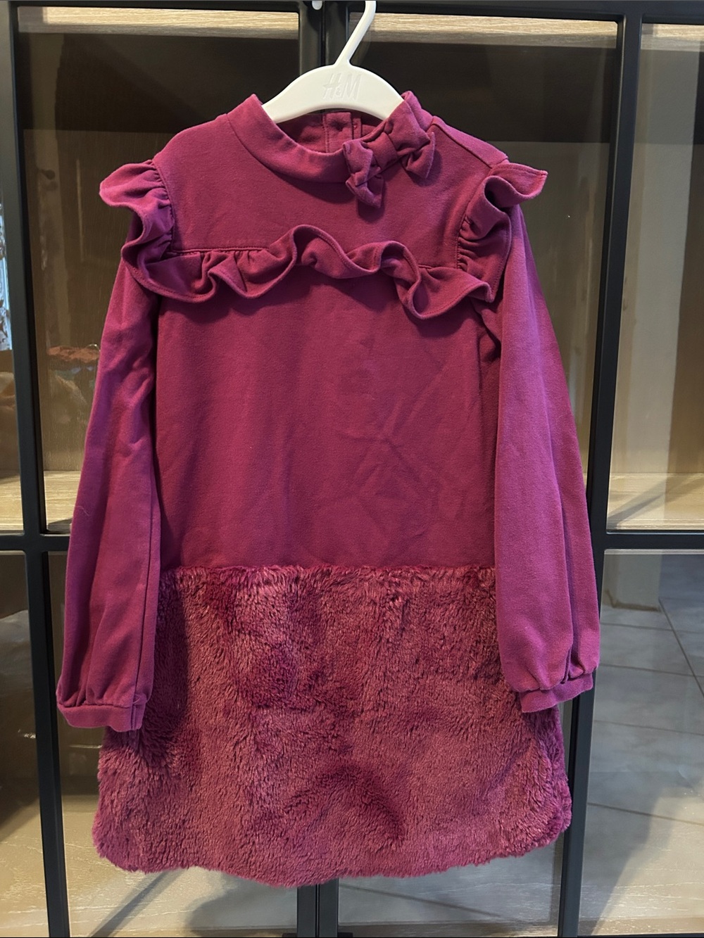 Janie and Jack Girls Ruffle Faux-Fur Dress in Deep Magenta Size 7